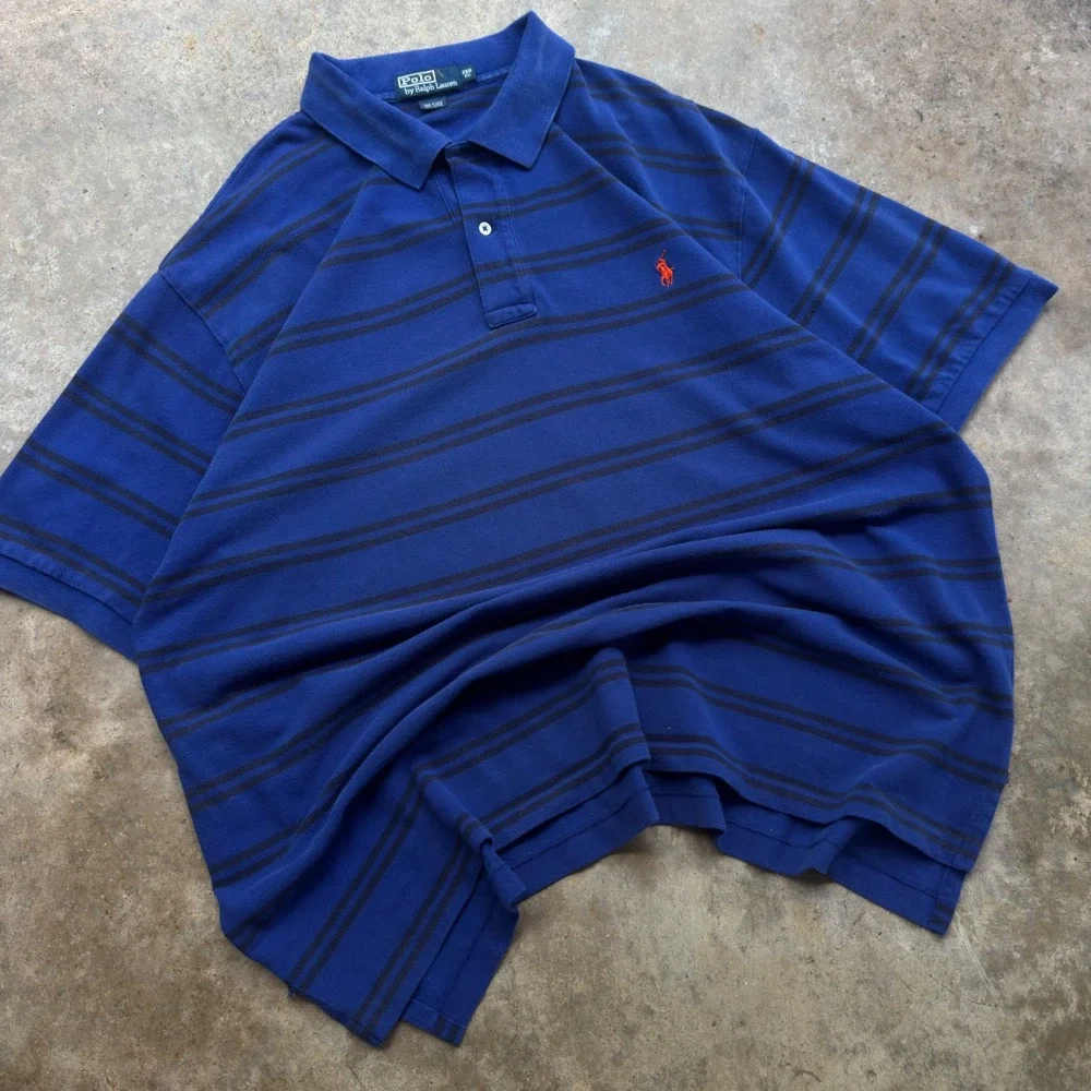 Vintage 90s Polo Ralph Lauren Striped Polo Shirt Rare Blue 2XB (d8)